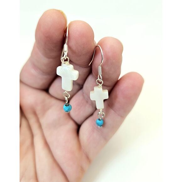 Mother of Pearl Shell Cross Earrings Turquoise Sterling Silver Dangle Drop New - Picture 5 of 6